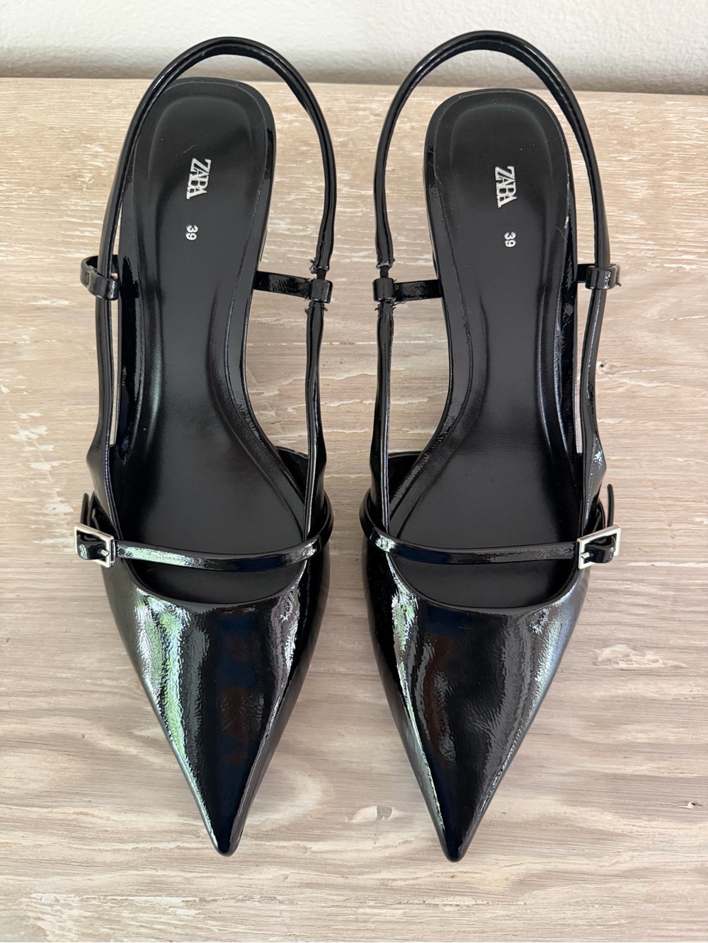 NEW ZARA Glossy Black Pointed Slingback Kitten Heels